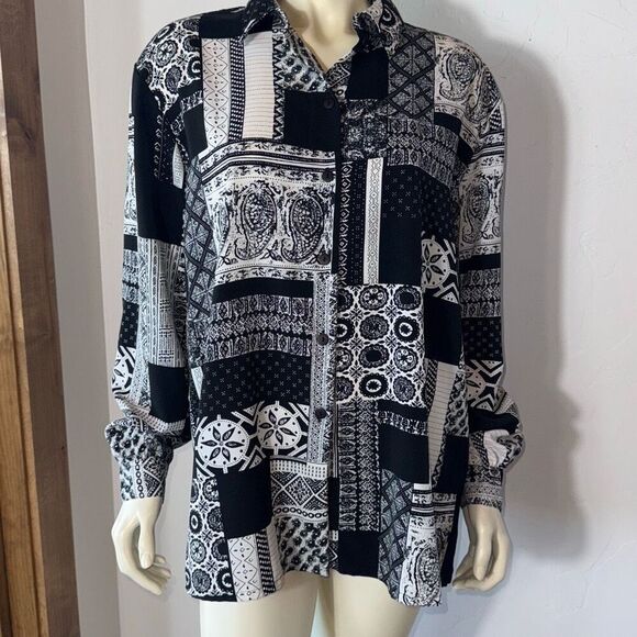Vintage 90’s Alia Black And White Patchwork Print Oversized Button Down Shirt Wo - Picture 1 of 8